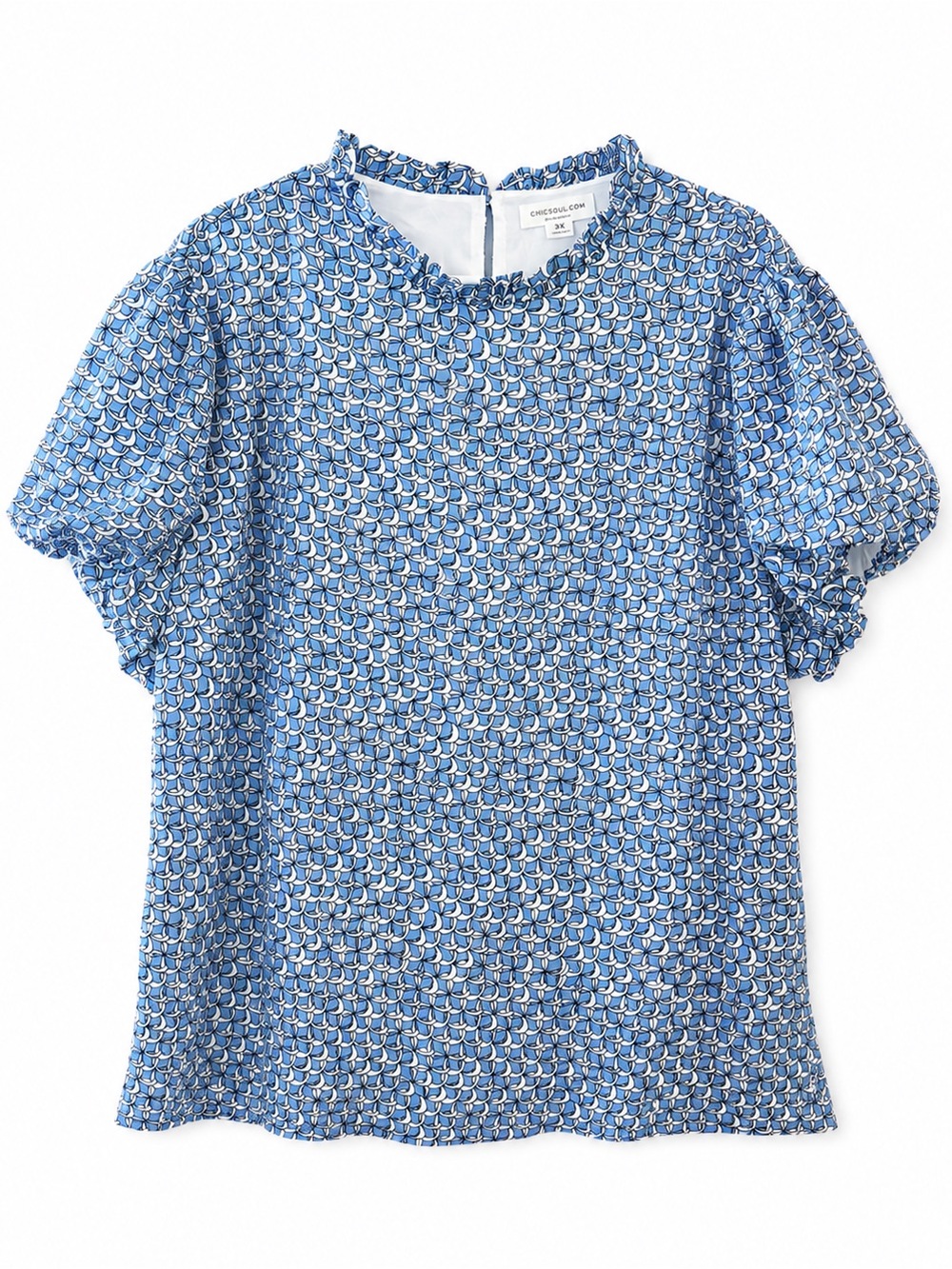 ChicSoul Blue Geometric Print Ruffle Mock Neck Flutter Sleeve Blouse Size 3X